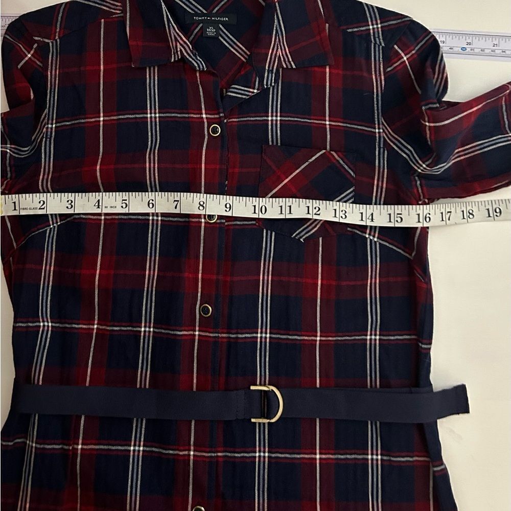 Tommy Hilfiger 100% cotton Red Navy Belted Plaid Mini Shirt Dress Size XS - Picture 3 of 9